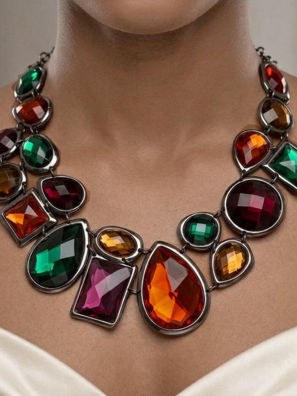 Chunky Asymmetrical Multicolor Geometric Crystal Gunmetal Statement Necklace